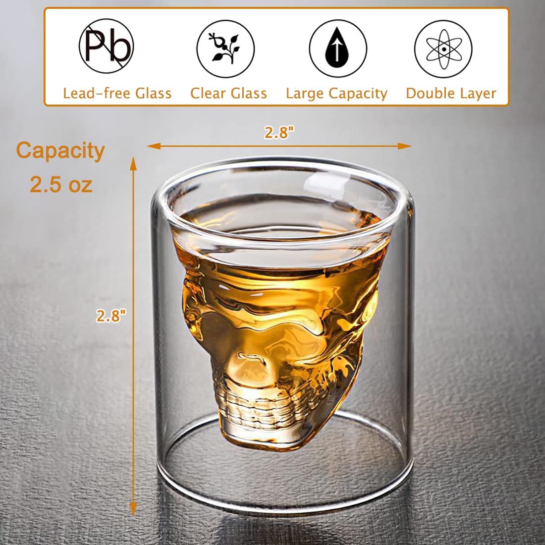 DECKALY Crystal Skull Shot Glasses Double Wall Glass Cup Set of 4, 2.5 oz Whiskey Shot Glasses, Party & Bar Decor Drinking Glassware for Whiskey, Vodka, and Cocktail