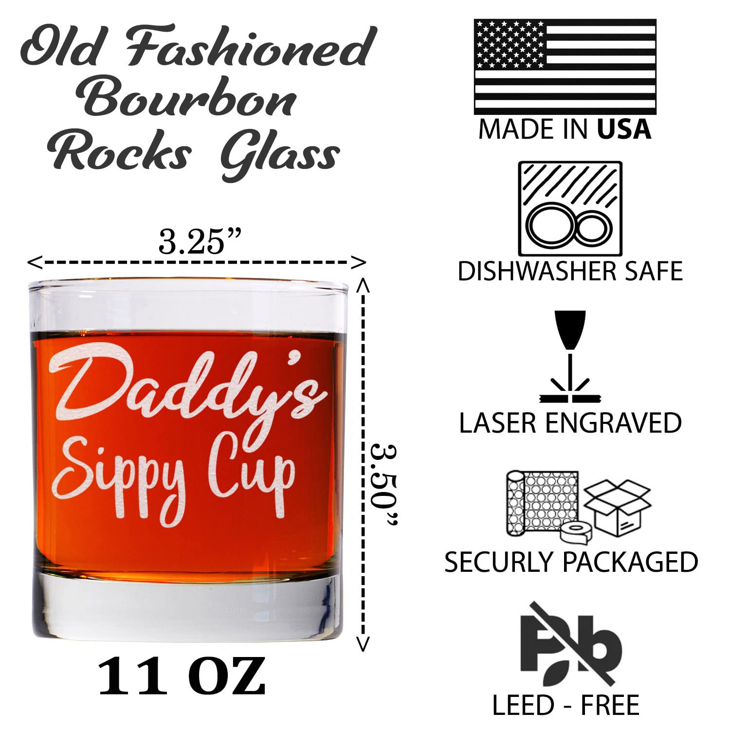 CARVELITA Daddy's Sippy Cup Whiskey Glass - First Time Dad Gifts - 11oz Engraved Old Fashioned Bourbon Rocks Glass - Gifts For New Dad - Dad To Be Gifts - Happy Birthday Daddy - New Dad Gifts For Men