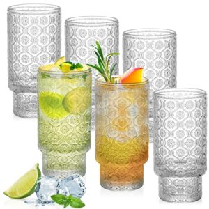 AVLA 6 Pack Vintage Drinking Glasses, 12 OZ Romantic Highball Glass Cup, Skinny Tall Cocktail Glass Tumbler, High Beverage Water Glassware, Tom Collins Barware Tumbler for Mojito, Juice, Beer, Soda