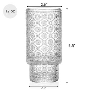 AVLA 6 Pack Vintage Drinking Glasses, 12 OZ Romantic Highball Glass Cup, Skinny Tall Cocktail Glass Tumbler, High Beverage Water Glassware, Tom Collins Barware Tumbler for Mojito, Juice, Beer, Soda