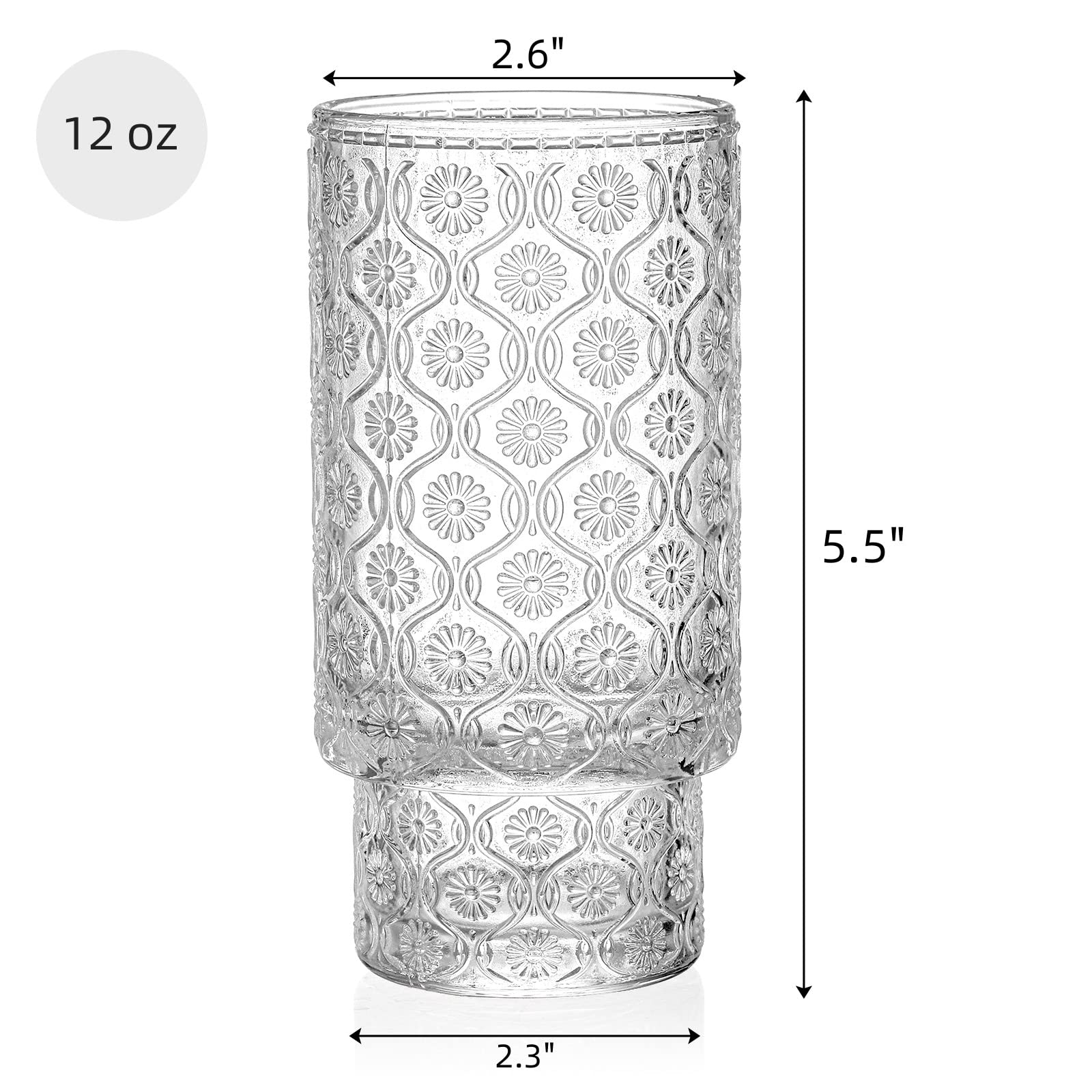 AVLA 6 Pack Vintage Drinking Glasses, 12 OZ Romantic Highball Glass Cup, Skinny Tall Cocktail Glass Tumbler, High Beverage Water Glassware, Tom Collins Barware Tumbler for Mojito, Juice, Beer, Soda