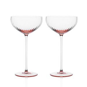 sister.ly drinkware pink coupe glasses/pink coupe champagne glasses, set of 2, 8 oz, perfect for cocktails, mocktails, and martinis, great for parties, birthdays, date night, or ladies night