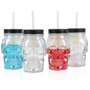 servette home 4 pack iridescent skull shaped mason jar with lid and straw - 16 oz