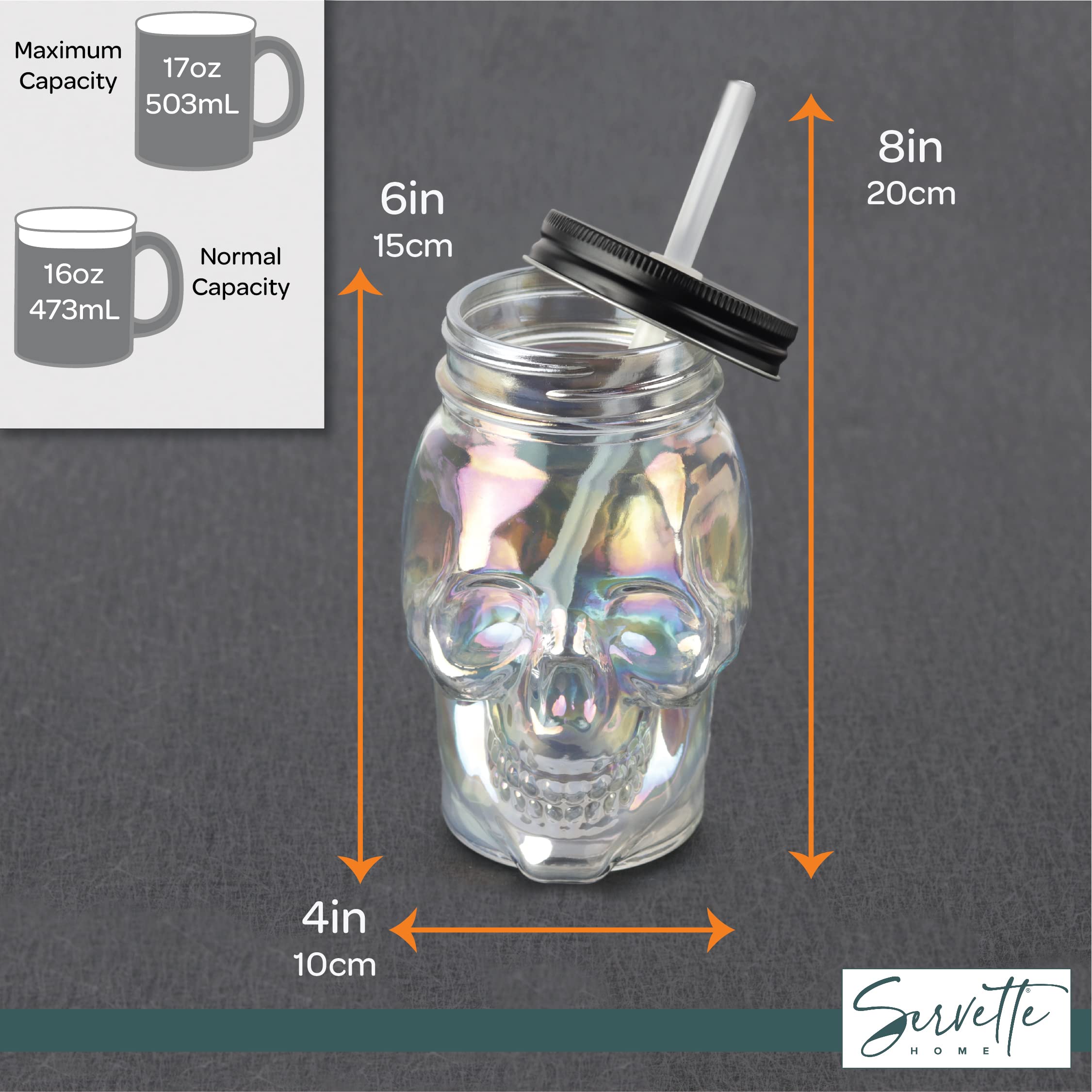 Servette Home 4 Pack Iridescent Skull Shaped Mason Jar with Lid and Straw - 16 Oz