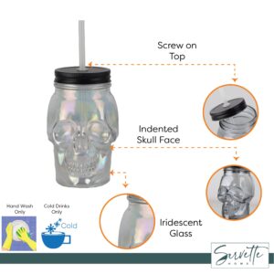 Servette Home 4 Pack Iridescent Skull Shaped Mason Jar with Lid and Straw - 16 Oz