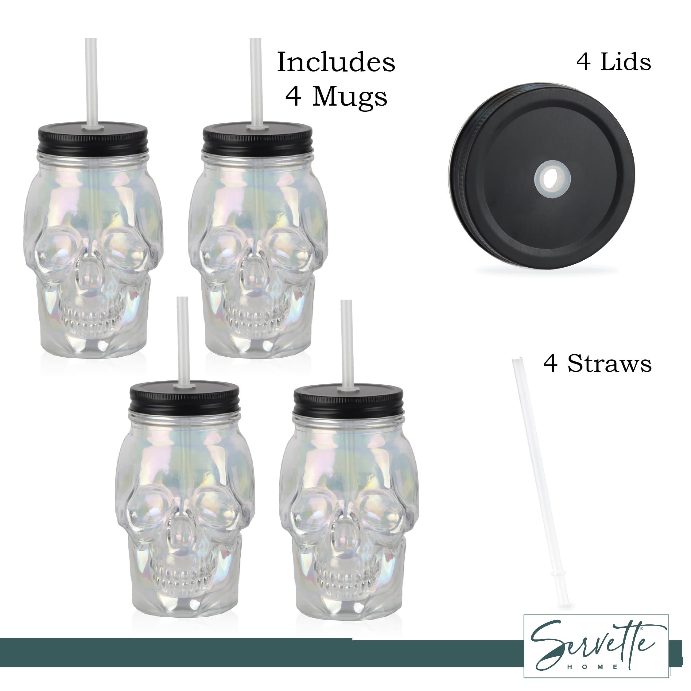 Servette Home 4 Pack Iridescent Skull Shaped Mason Jar with Lid and Straw - 16 Oz