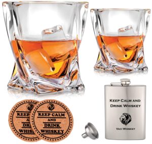 vaci crystal whiskey glasses – set of 2 bourbon glasses, tumblers for drinking scotch, cognac, irish whisky, large 10oz premium lead-free with stainless steel flasks, cups, luxury gift box