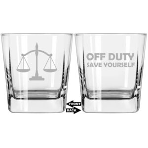 mip brand 12 oz square base rocks whiskey double old fashioned glass two sided scales of justice lawyer paralegal off duty save yourself