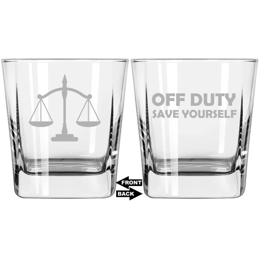 MIP Brand 12 oz Square Base Rocks Whiskey Double Old Fashioned Glass Two Sided Scales of Justice Lawyer Paralegal Off Duty Save Yourself
