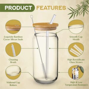 4pcs Set - Tinni’s Glass Cups with Bamboo Lids and Glass Straw - Reusable Beer Can Shaped Drinking Glasses, 16 oz Iced Coffee Glasses, Cute Tumbler Cup for Smoothie, Boba Tea -Cleaning Brush