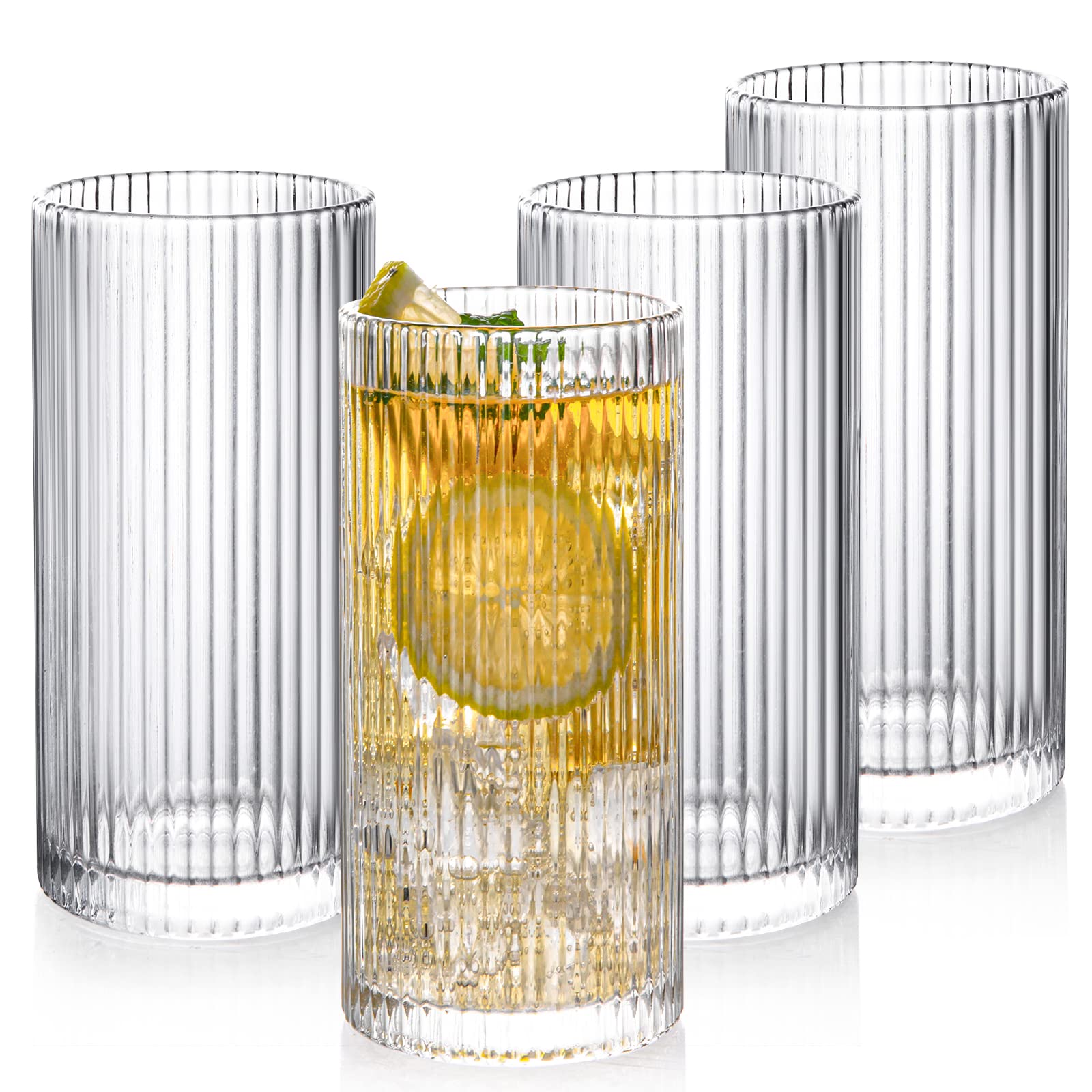 POLIDREAM Drinking Glasses with Origami Style Set of 4 Glass Cups, 12 oz Ribbed Glassware, Highball Glass Cups, Elegant Art Deco Ripple Vintage Glassware, Juice Glasses, Ideal for Cocktail, Beer