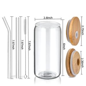 Volpeblu 6 Pack Glass Cups with Lids and Straws, 16 oz Iced Coffee Cup Glass Coffee Cups Drinking Glasses with Bamboo Lids & Glass Straw Beer Drinking Glasses Cute Tumbler for Cocktail, Soda, Water