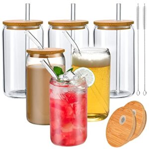 volpeblu 6 pack glass cups with lids and straws, 16 oz iced coffee cup glass coffee cups drinking glasses with bamboo lids & glass straw beer drinking glasses cute tumbler for cocktail, soda, water