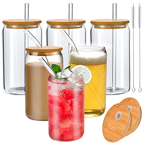 Volpeblu 6 Pack Glass Cups with Lids and Straws, 16 oz Iced Coffee Cup Glass Coffee Cups Drinking Glasses with Bamboo Lids & Glass Straw Beer Drinking Glasses Cute Tumbler for Cocktail, Soda, Water