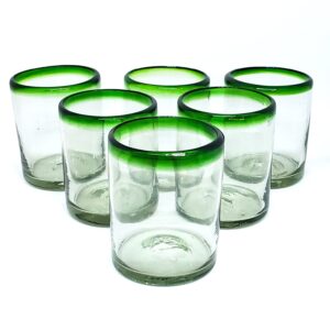 mexhandcraft emerald green rim 10 oz tumblers (set of 6), recycled glass, lead-free, toxin-free (tumbler)