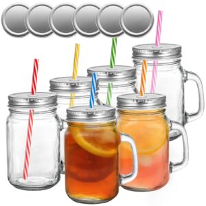 tosnail 6 pack 16 oz glass mason jar mugs with handle, 12 tin lids and 6 plastic straws, old fashioned mason jar drinking glasses, clear glass cups for party and daily use
