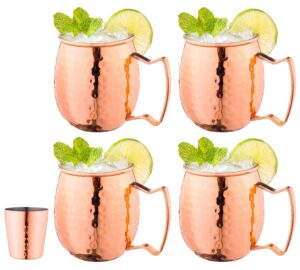 royalty art moscow mule mugs - set of 4 copper mugs with shot glass - 16oz classic cups for home, kitchen, and bar