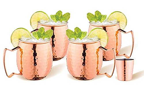 Royalty Art Moscow Mule Mugs - Set of 4 Copper Mugs with Shot Glass - 16oz Classic Cups for Home, Kitchen, and Bar