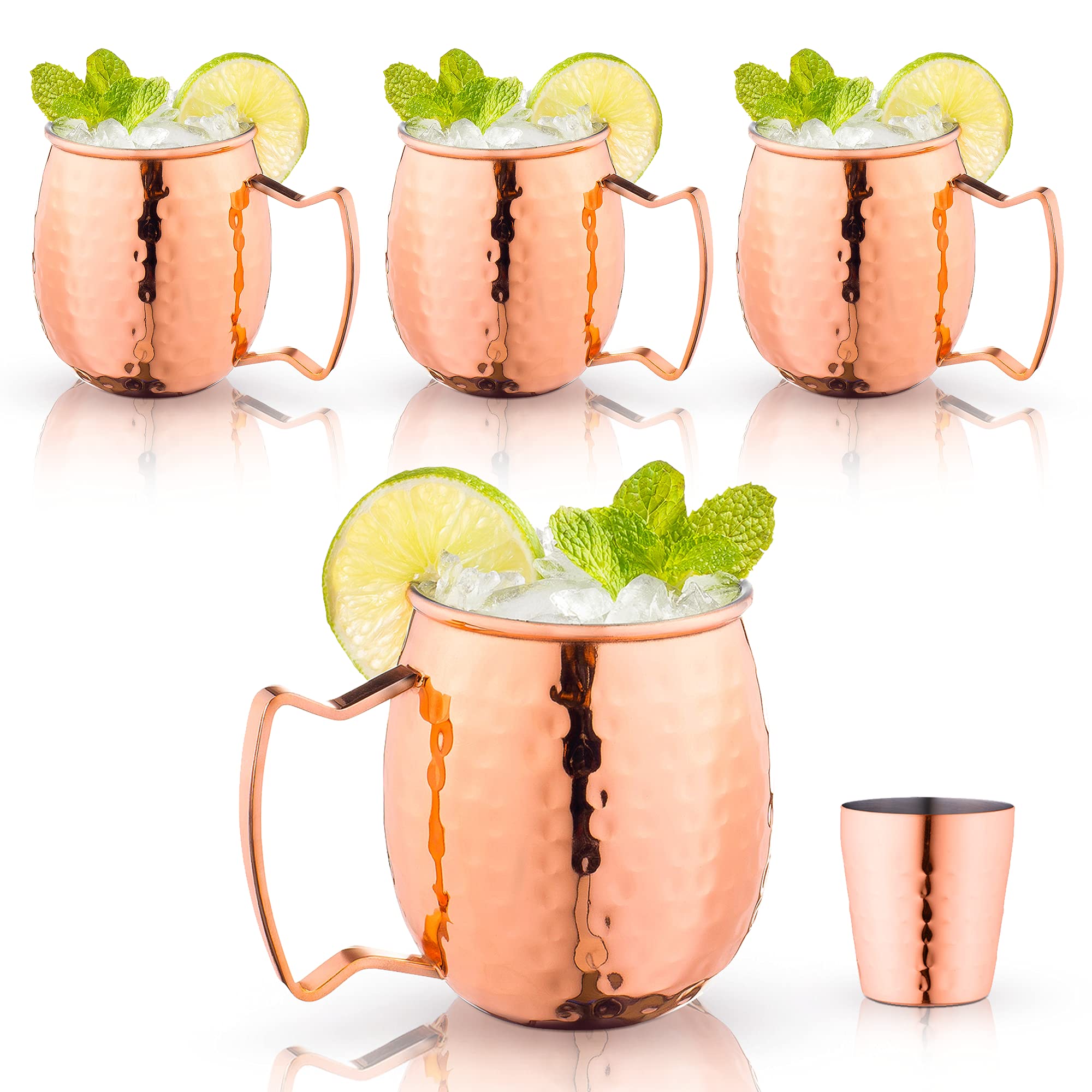 Royalty Art Moscow Mule Mugs - Set of 4 Copper Mugs with Shot Glass - 16oz Classic Cups for Home, Kitchen, and Bar