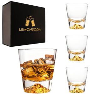 lemonsoda whiskey glasses set of 4 - crystal clear gold heavy base bourbon glasses- old fashioned whisky tumbler 4-pack - great gift set | sc2027