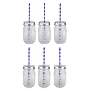 sunshine mason co. glass mason jar set with silver lids and blue stripe straws, set of 6