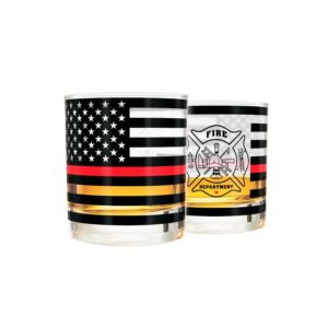 greenline goods thin red line firefighter whiskey old fashioned glasses (set of 2) - 10 oz - classic glass drinkware with fire fighter flag graphics -shows support for first responders