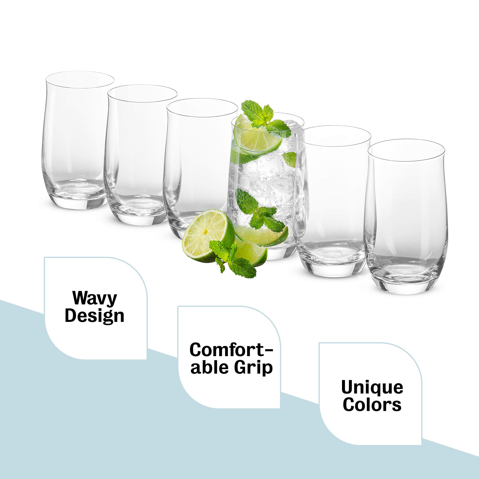 BENETI Exquisite Highball Drinking Glasses [Set of 6] Curved Clear Water Glasses with Heavy Weighted Base, Tall Cocktail Glasses, Beer Glasses, Tumbler Glasses, Glass Cups for Fresh Juice (14 Ounces)