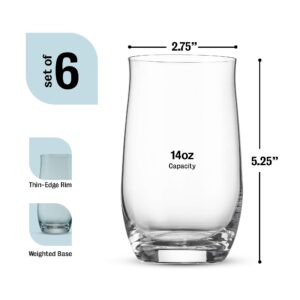 BENETI Exquisite Highball Drinking Glasses [Set of 6] Curved Clear Water Glasses with Heavy Weighted Base, Tall Cocktail Glasses, Beer Glasses, Tumbler Glasses, Glass Cups for Fresh Juice (14 Ounces)