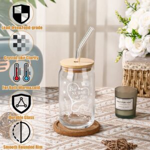 Roshtia Best Nurse Gifts for Women 16 Oz Nurse Glass Cups Mason Jar with Bamboo Lid Glass Straw Nurse Appreciation Gifts Can Cup Tumbler Drinking Bottle for Nursing Birthday Christmas Gift