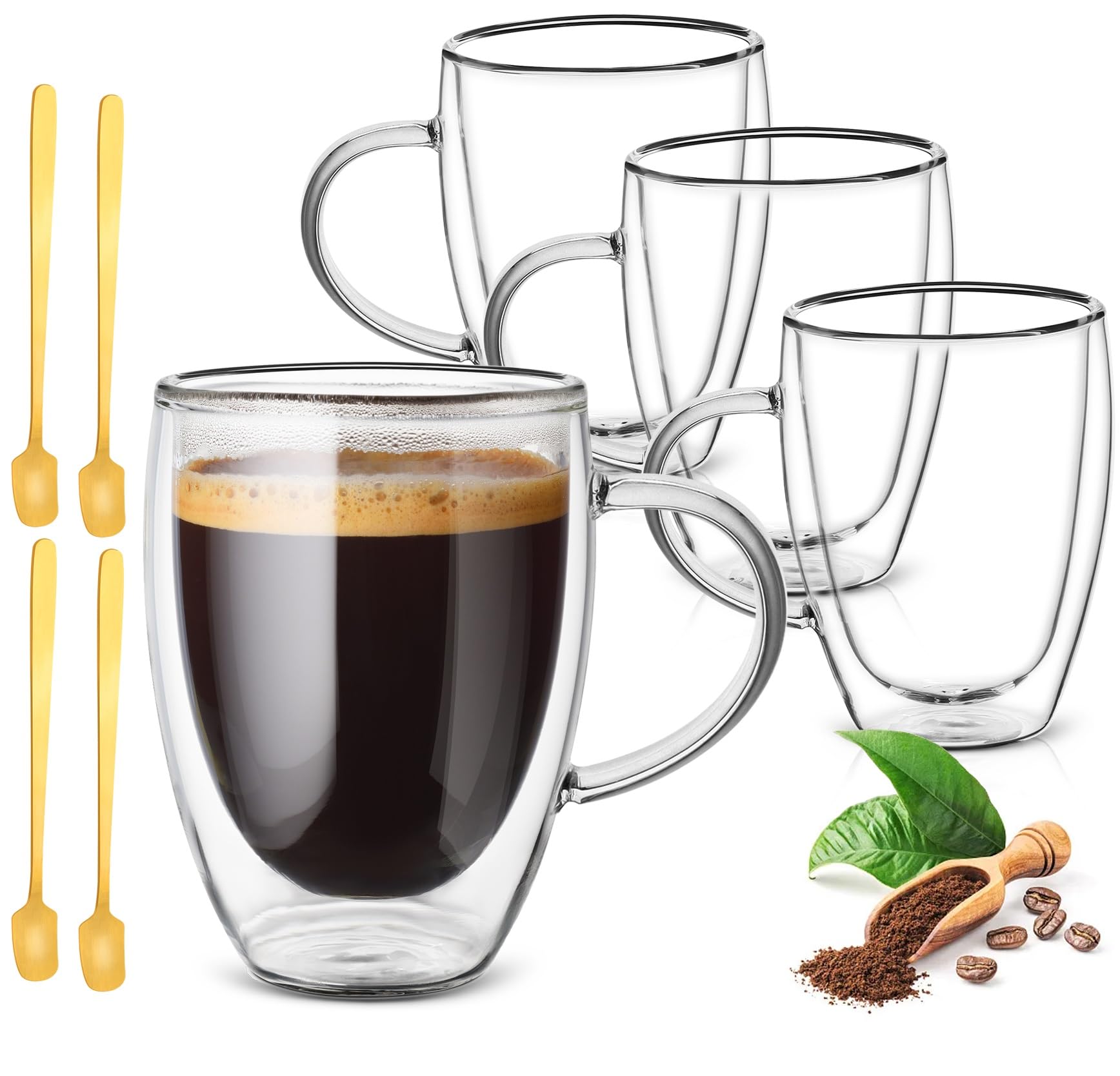 Set of 4 Cappuccino Glass Mugs,Double Wall Insulated Coffee Mugs,Clear Glass Mugs with Handle,Glass Coffee Cups,Perfect for Latte, Americano, Espresso,Cappuccinos,Tea, Beverage(350ml /11.84oz)