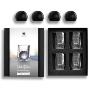 aged & ore - the duo glass | hand blown double walled whiskey glass gift set with free silicone ice molds | integrated measuring lines for the perfect cocktail | durable modern tumbler | set of 4