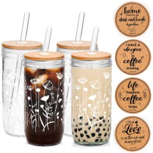 anotion floral coffee cups, mason jars with lids and straws glass cups with wildflower bamboo lid iced coffee cups tumbler drinking glasses travel coffee mug gift for women sister mom
