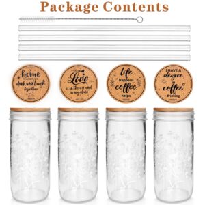 ANOTION Floral Coffee Cups, Mason Jars with Lids and Straws Glass Cups with Wildflower Bamboo Lid Iced Coffee Cups Tumbler Drinking Glasses Travel Coffee Mug Gift for Women Sister Mom