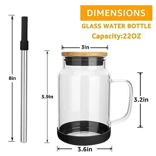 Tronco 22 oz Glass Tumbler with Handle,Glass Water Cup with Bamboo Lid Straw,Iced Coffee Cup Reusable boba Tea Cup With Silicone Sleeve, BPA Free