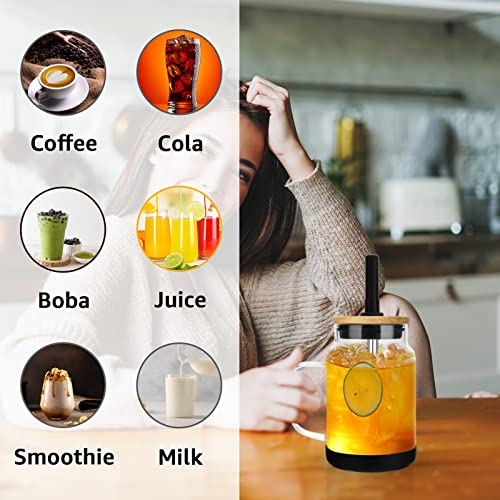 Tronco 22 oz Glass Tumbler with Handle,Glass Water Cup with Bamboo Lid Straw,Iced Coffee Cup Reusable boba Tea Cup With Silicone Sleeve, BPA Free