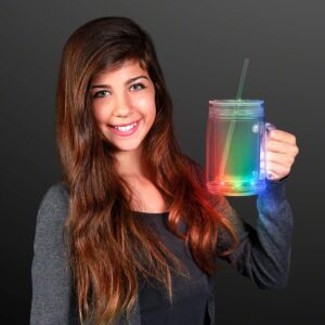 FlashingBlinkyLights Set of 4 Mason Jar Light Up Mugs, Multicolor LED Travel Cup with Straw