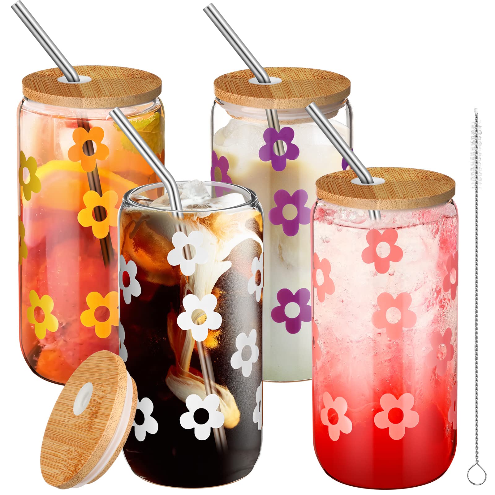 Rtteri 4 Pieces Cute Daisy Glass Cup with Lids and Straws 16oz Can Shaped Drinking Glass Bamboo Lid Straw Iced Coffee Cup Beer Glass Cute Glass Tumbler for Coffee Soda Soft Drink Women Gift