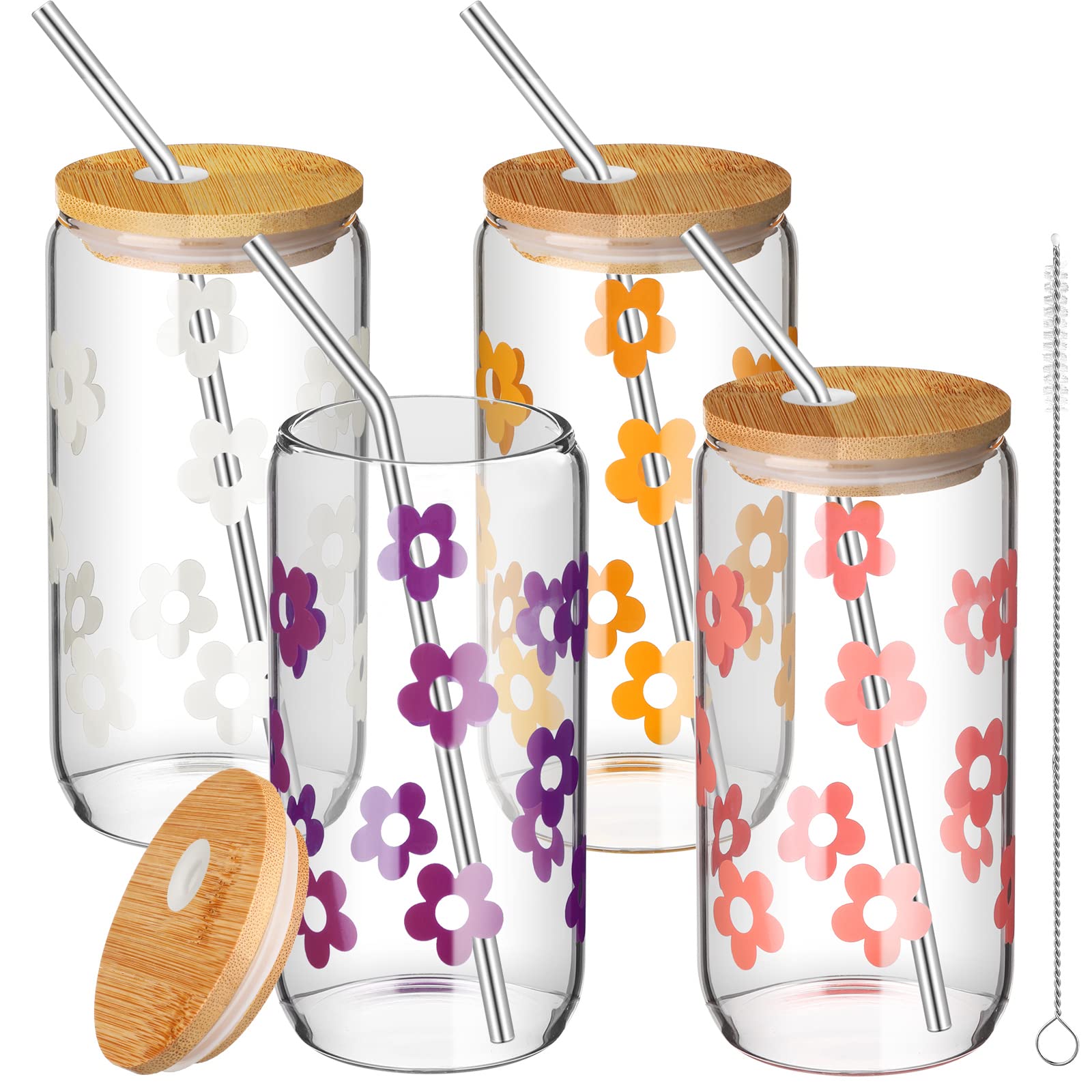 Rtteri 4 Pieces Cute Daisy Glass Cup with Lids and Straws 16oz Can Shaped Drinking Glass Bamboo Lid Straw Iced Coffee Cup Beer Glass Cute Glass Tumbler for Coffee Soda Soft Drink Women Gift