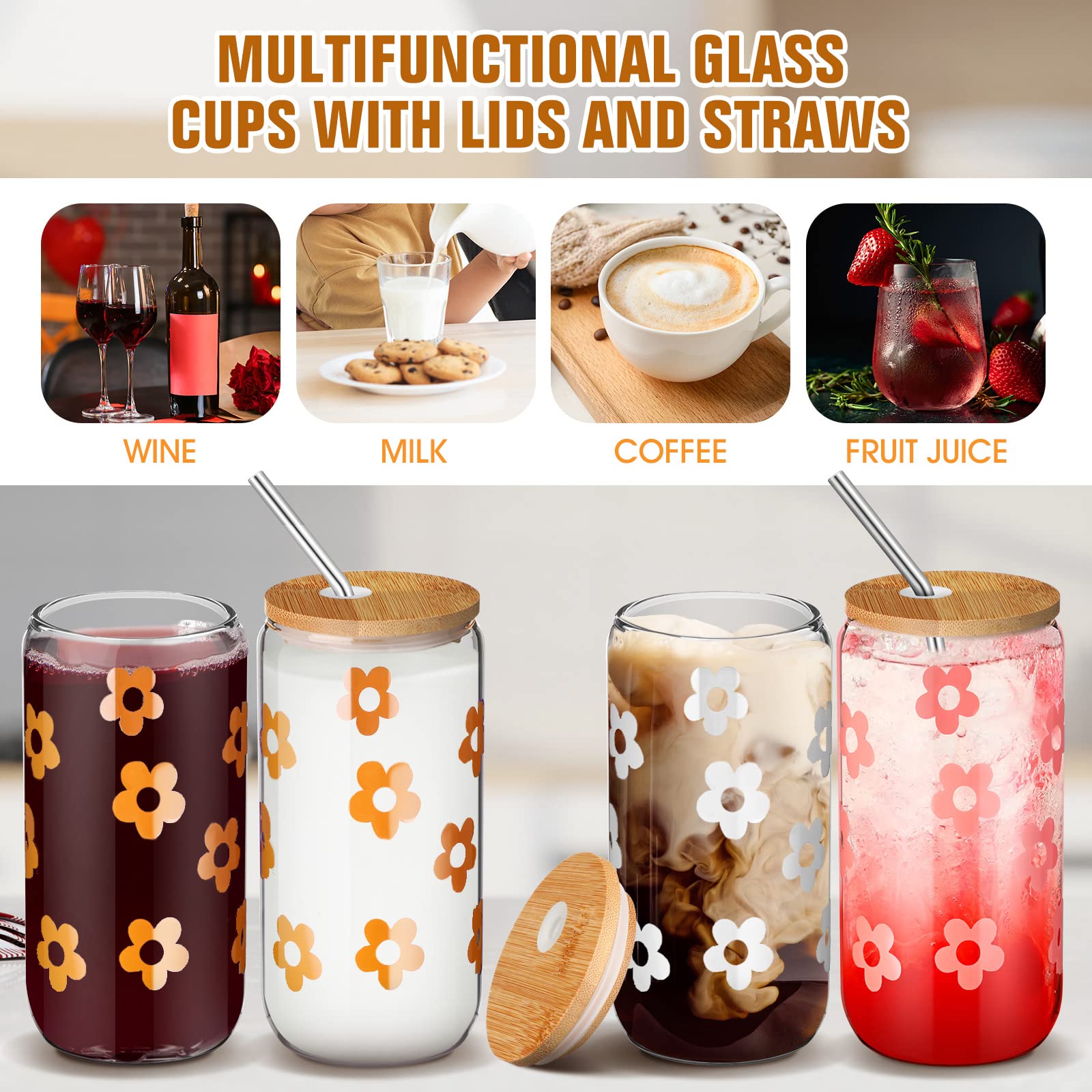 Rtteri 4 Pieces Cute Daisy Glass Cup with Lids and Straws 16oz Can Shaped Drinking Glass Bamboo Lid Straw Iced Coffee Cup Beer Glass Cute Glass Tumbler for Coffee Soda Soft Drink Women Gift