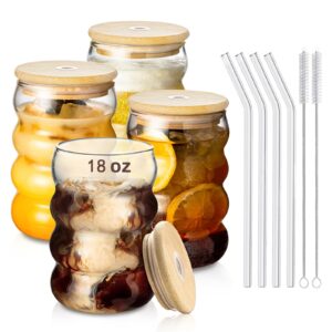 insetlan creative glass cups with lids and straws-18oz wave shape drinking glasses of 4 set, beer glasses, can shaped glass cups, cute tumbler cup, for cocktail, juice, iced coffee (18 oz)