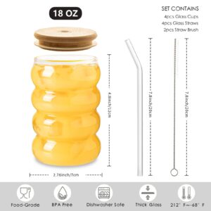 INSETLAN Creative Glass Cups With Lids And Straws-18oz Wave Shape Drinking Glasses of 4 Set, Beer Glasses, Can Shaped Glass Cups, Cute Tumbler Cup, for Cocktail, Juice, Iced Coffee (18 OZ)