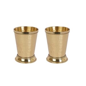 HANDTECHINDIA Mint Julep Cups For Bourbon Cocktail Moscow Mule Kentucky Derby Classic Beaded Trim Border Made by Soild Brass Capacity-12 Ounce (Hammered, 2)