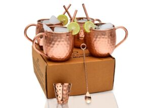 bold & divine authentic moscow mule copper mugs | solid 100% copper cups set w/ 4 straws, 1 shot glass, 1 spoon | set of 4 (16oz)