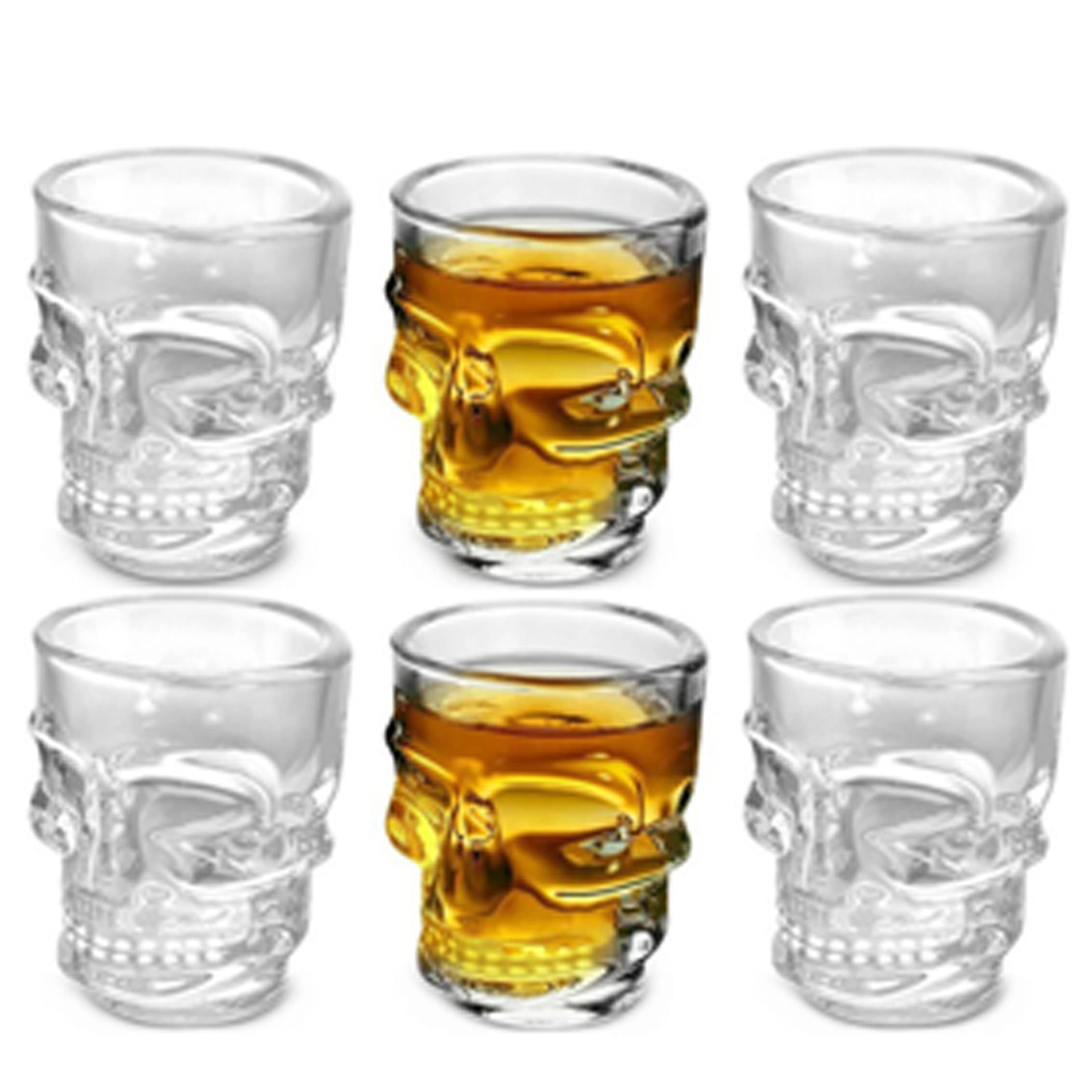 XXYXXY 6 Heavy Bottom Whiskey Glasses, Party Home and Entertainment Catering Beverage Drinking Glassware for Brandy, Liquor, Bar Decor, Jelly Glasses, 1.75 oz, Clear Skull Shaped Glasses