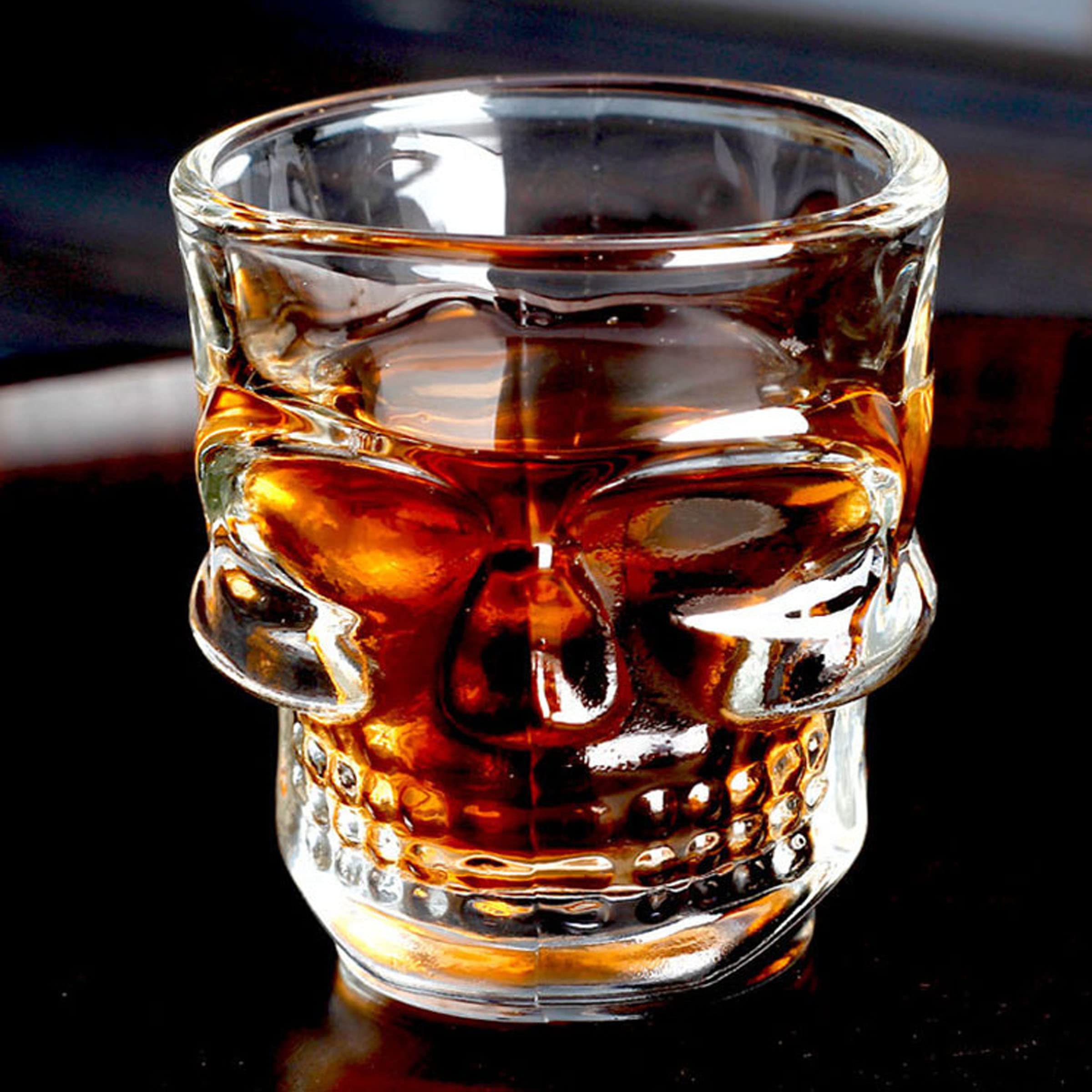 XXYXXY 6 Heavy Bottom Whiskey Glasses, Party Home and Entertainment Catering Beverage Drinking Glassware for Brandy, Liquor, Bar Decor, Jelly Glasses, 1.75 oz, Clear Skull Shaped Glasses