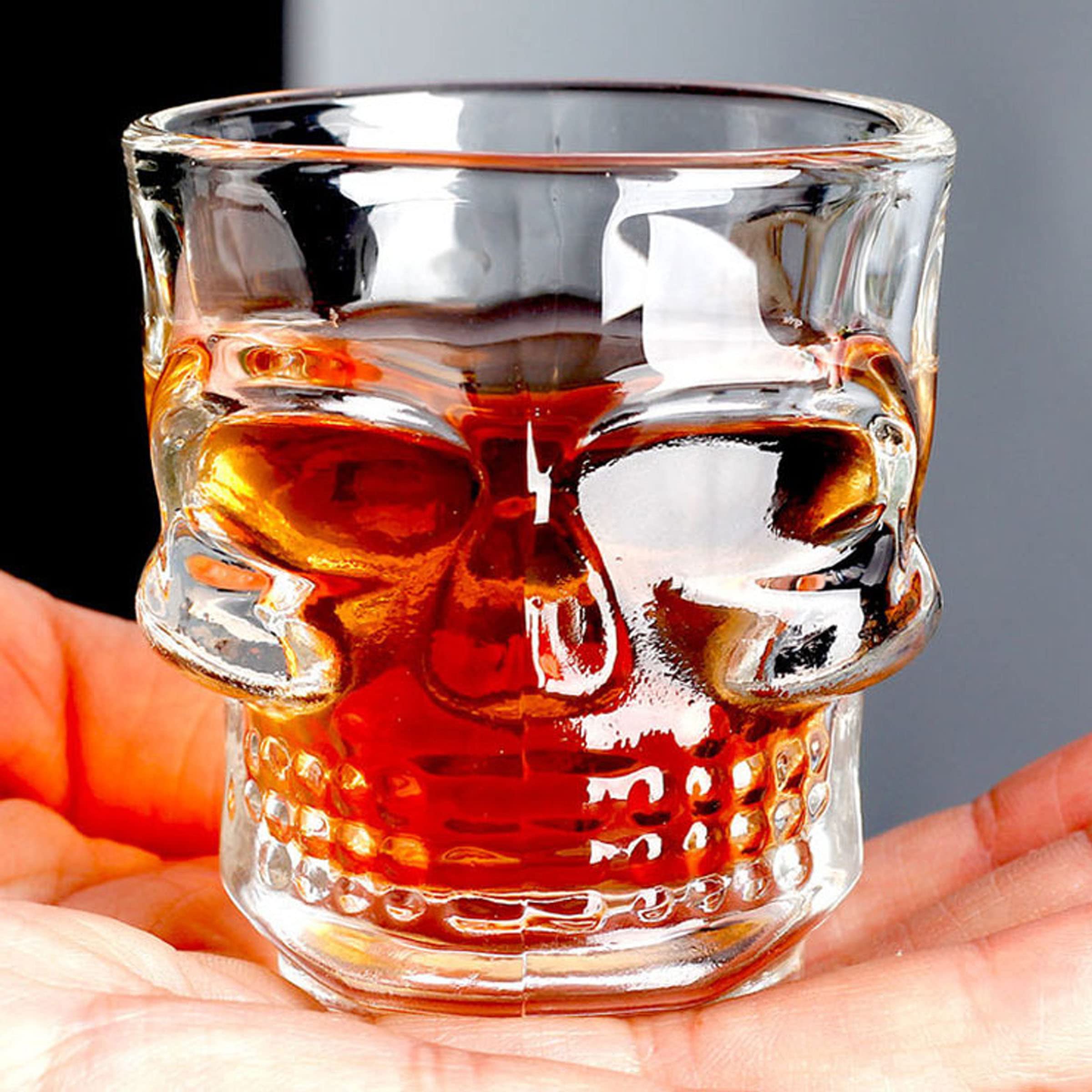 XXYXXY 6 Heavy Bottom Whiskey Glasses, Party Home and Entertainment Catering Beverage Drinking Glassware for Brandy, Liquor, Bar Decor, Jelly Glasses, 1.75 oz, Clear Skull Shaped Glasses