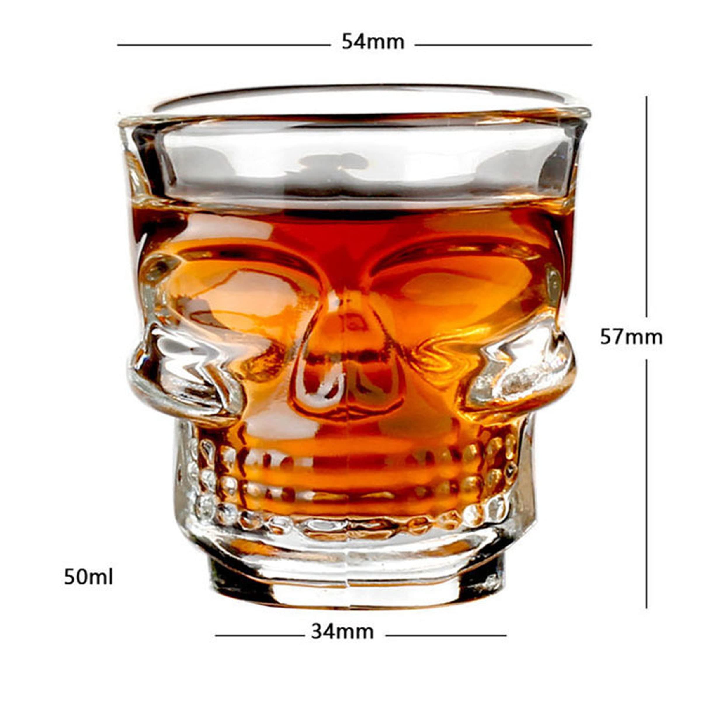 XXYXXY 6 Heavy Bottom Whiskey Glasses, Party Home and Entertainment Catering Beverage Drinking Glassware for Brandy, Liquor, Bar Decor, Jelly Glasses, 1.75 oz, Clear Skull Shaped Glasses