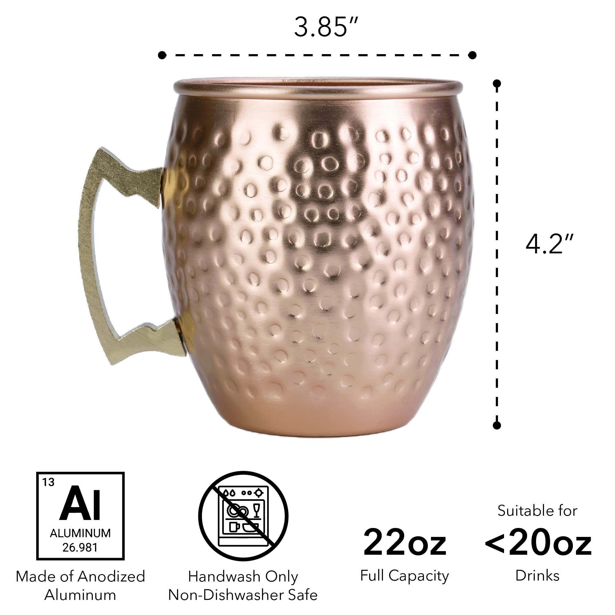 Arora Metal Moscow Mule Copper Color Tumbler, Aluminum 22oz Cup, Set of 4