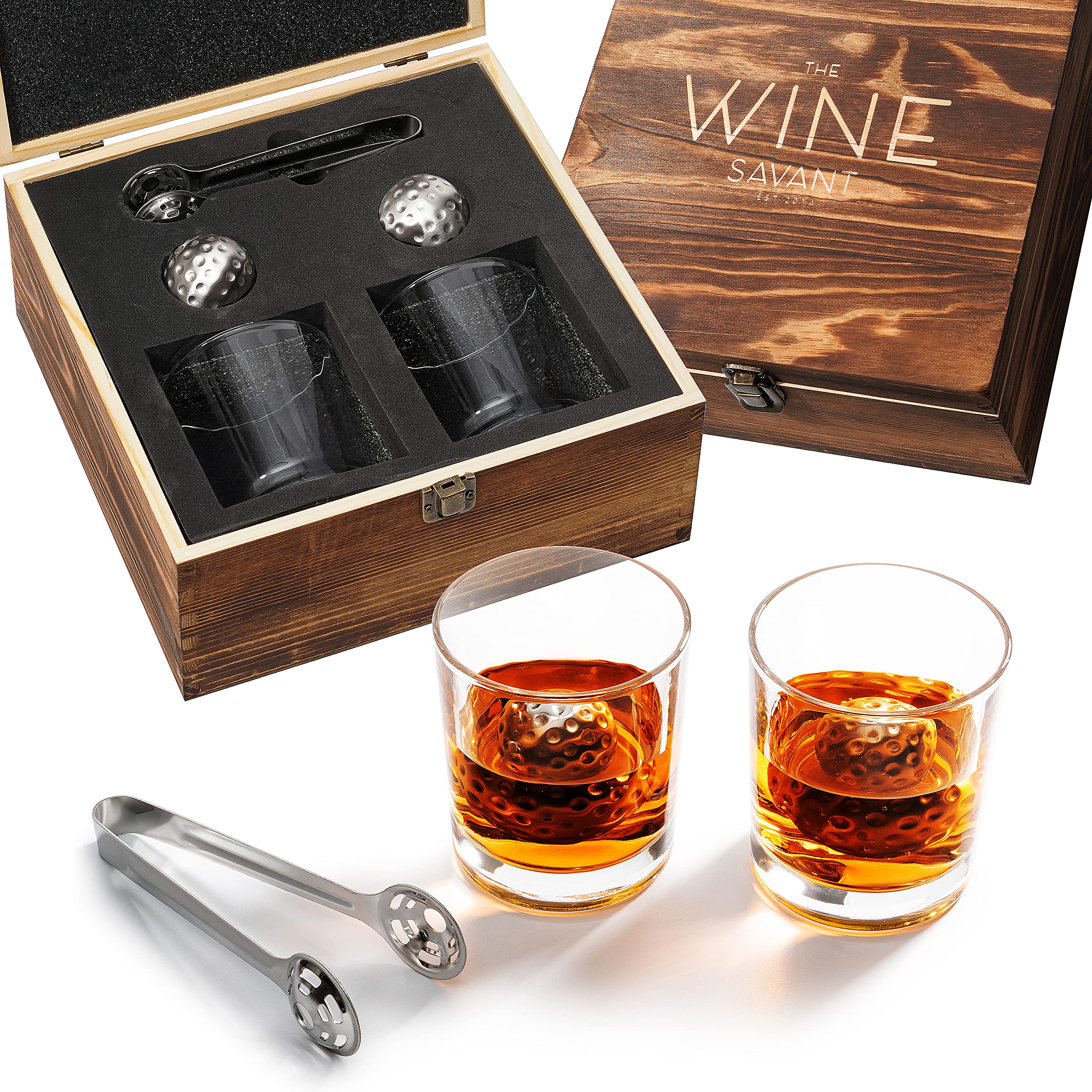 Luxurious Bar Gift Set - Golf Whiskey Glasses - Golf Ball Chillers - Tongs - Set in Premium Wood Box by The Wine Savant - Unique Whiskey Glass Set - Golf Gifts, Golfer Gifts, Gifts for Golf Lovers