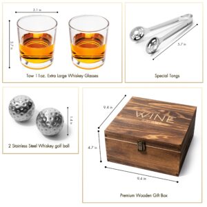 Luxurious Bar Gift Set - Golf Whiskey Glasses - Golf Ball Chillers - Tongs - Set in Premium Wood Box by The Wine Savant - Unique Whiskey Glass Set - Golf Gifts, Golfer Gifts, Gifts for Golf Lovers